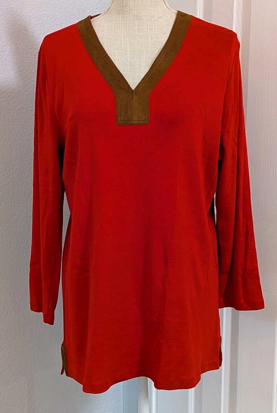 Lauren Ralph Lauren Shirt Womens XL Red V Neck 3/4 Sleeve Tunic Top Suede Trim